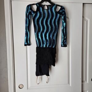 Weismann Dance Jazz Costume SA Small Long-Sleeve Sequins Blue &‎ Black Fringe
